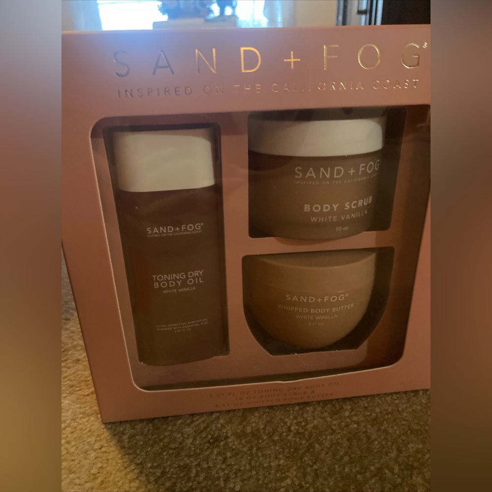 Sand + Fog White Vanilla 3-Pc Set Toning Dry Body Oil, Body Scrub, Body Butter